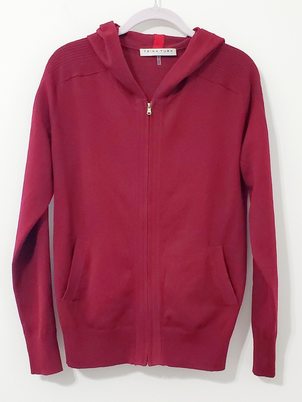 Trina Turk Delacorte Merino Wool Blend Zip Up Knit Hoodie Deep Burgundy Medium